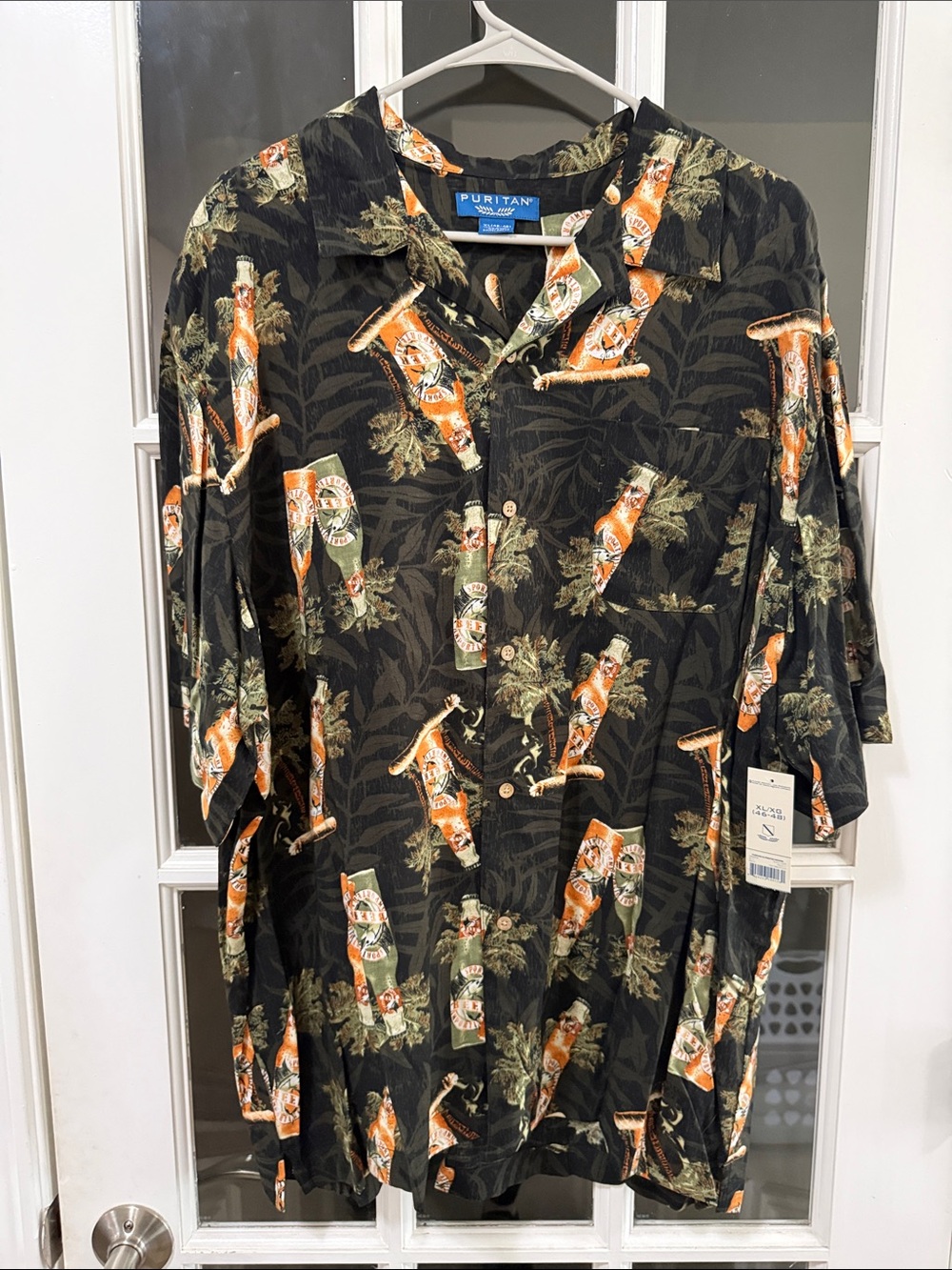 Puritan Black Short Sleeve Button-Down Shirt with Orange & Green Print